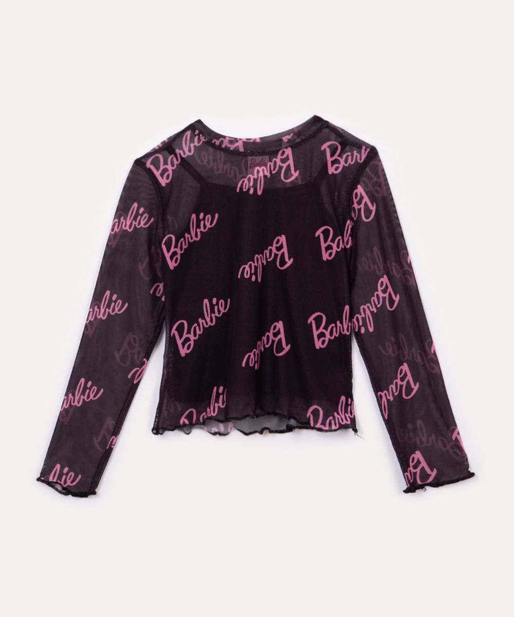 blusa de tule infantil barbie manga longa preto