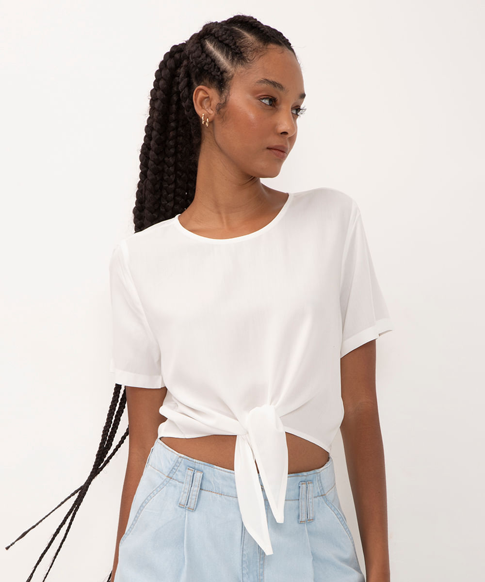 blusa de viscose com amarração manga curta off white