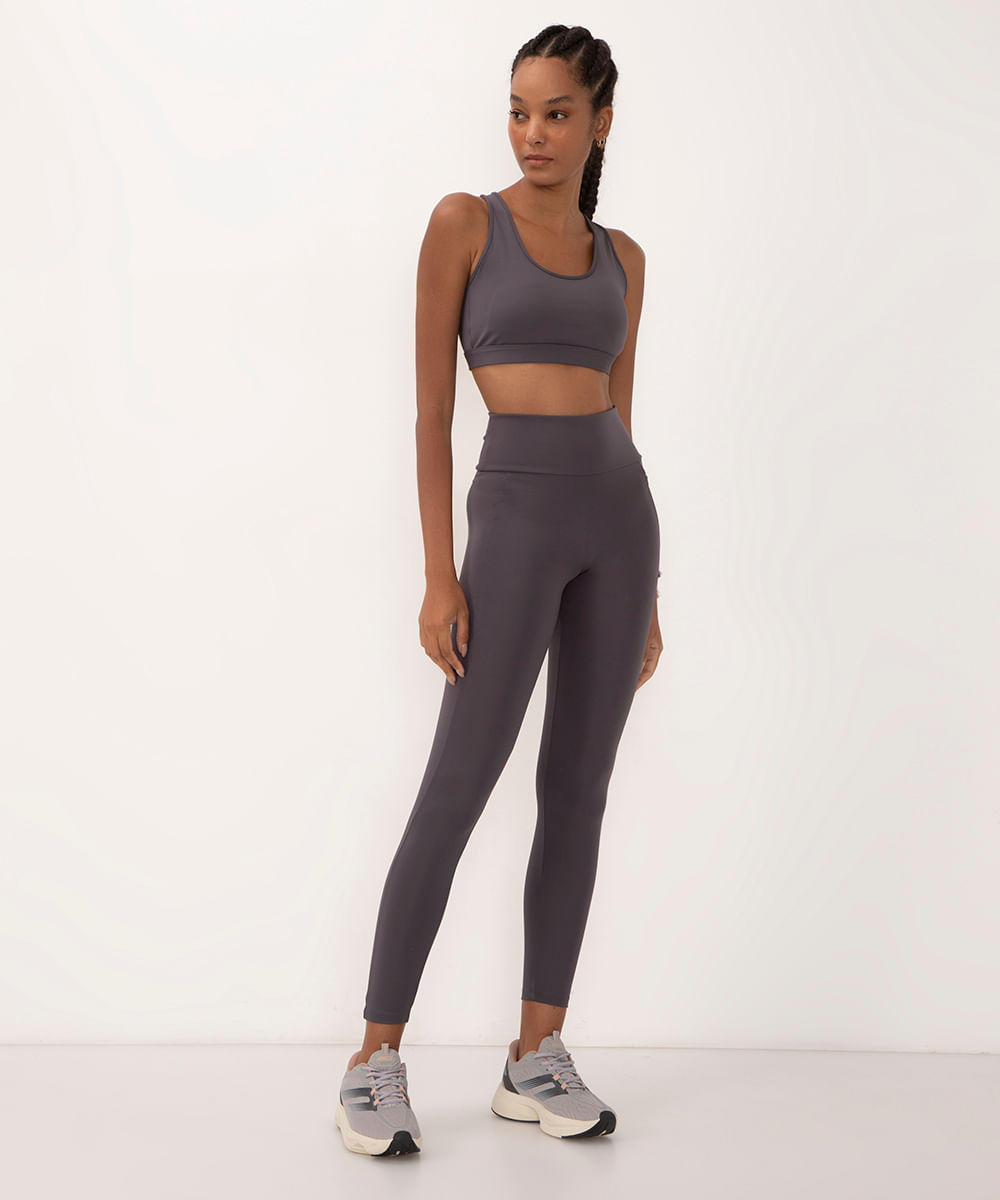 calça legging com bolso cintura alta esportiva ace cinza médio