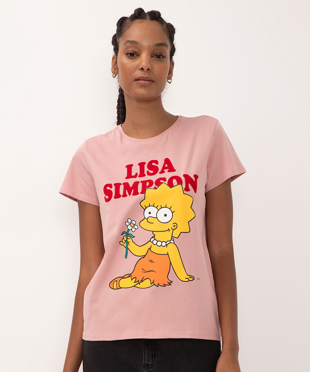 camiseta de algodão lisa simpson manga curta rose