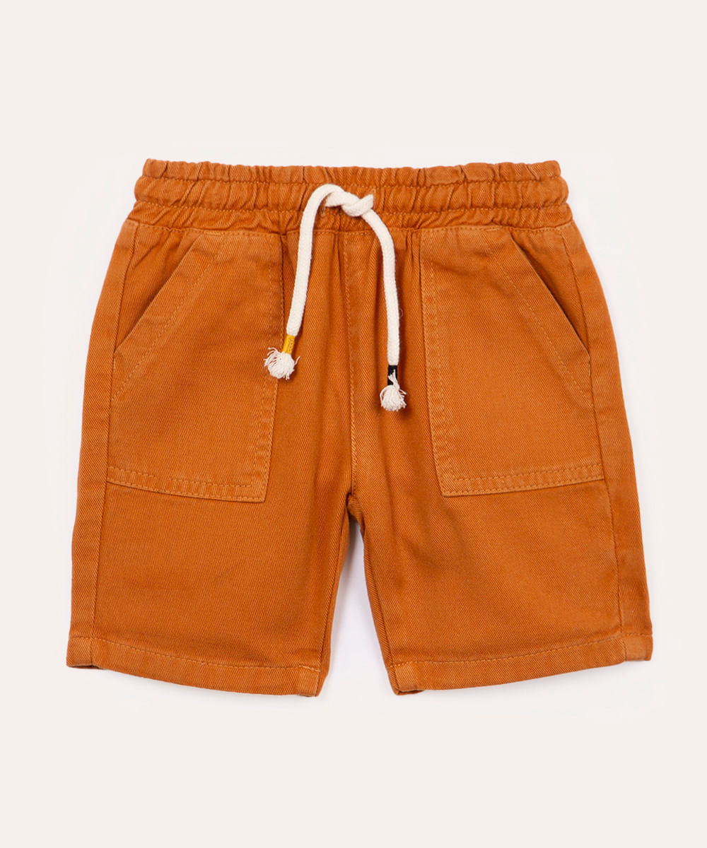 short infantil de sarja com elástico e bolso laranja