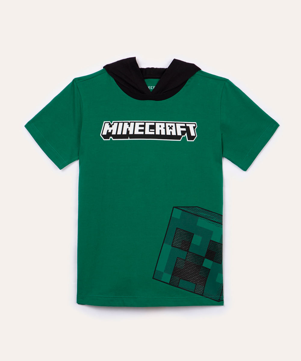 camiseta infantil de algodão minecraft com capuz verde