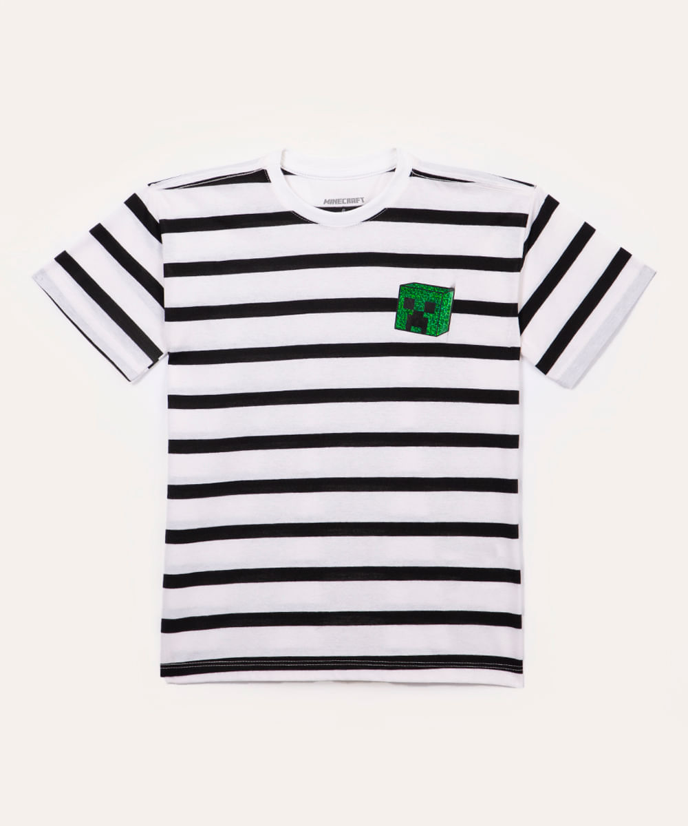 camiseta infantil de algodão listrada minecraft off white