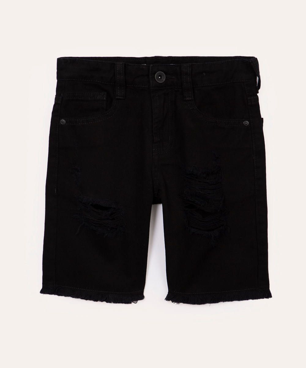 bermuda jeans infantil destroyed com bolsos preto