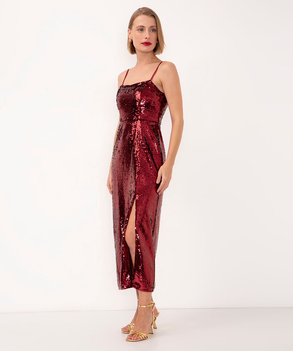 vestido midi de paetê alça fina com fenda vermelho