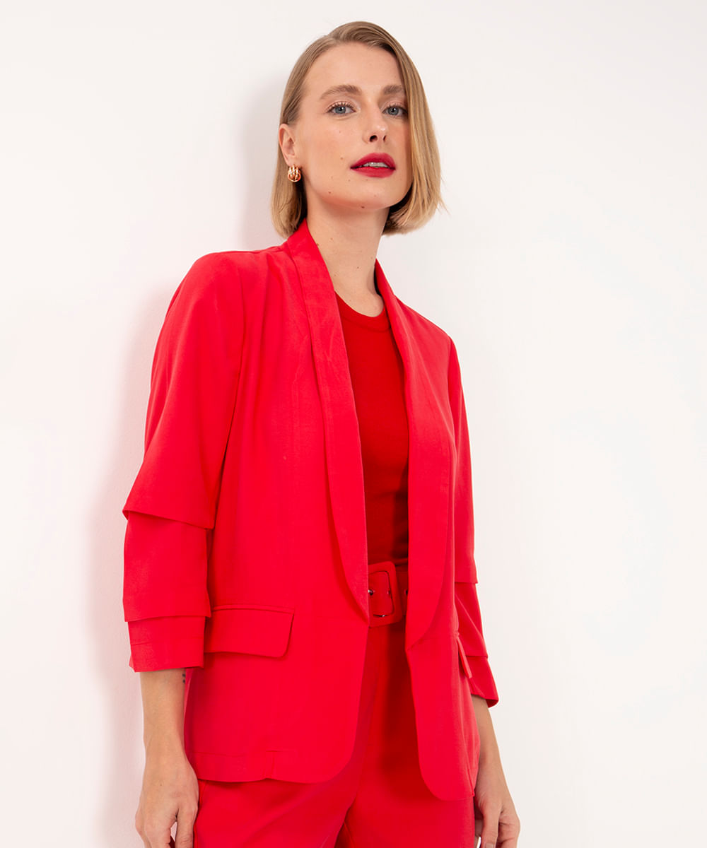 blazer alongado com franzido e bolsos vermelho