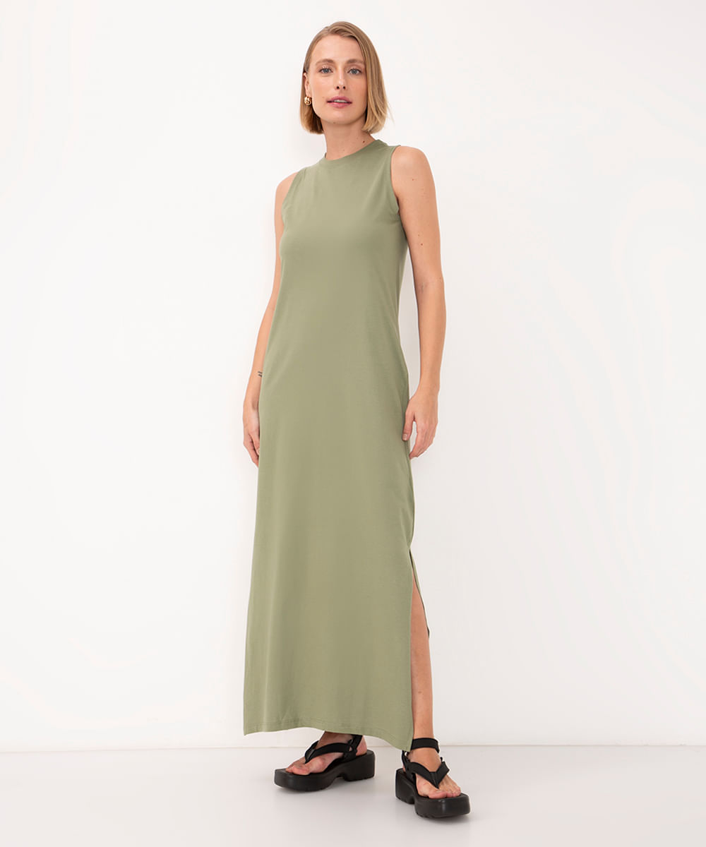 vestido longo de algodão básico verde mate