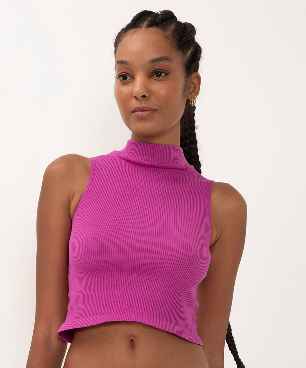 regata feminina de poliamida gola alta rosa