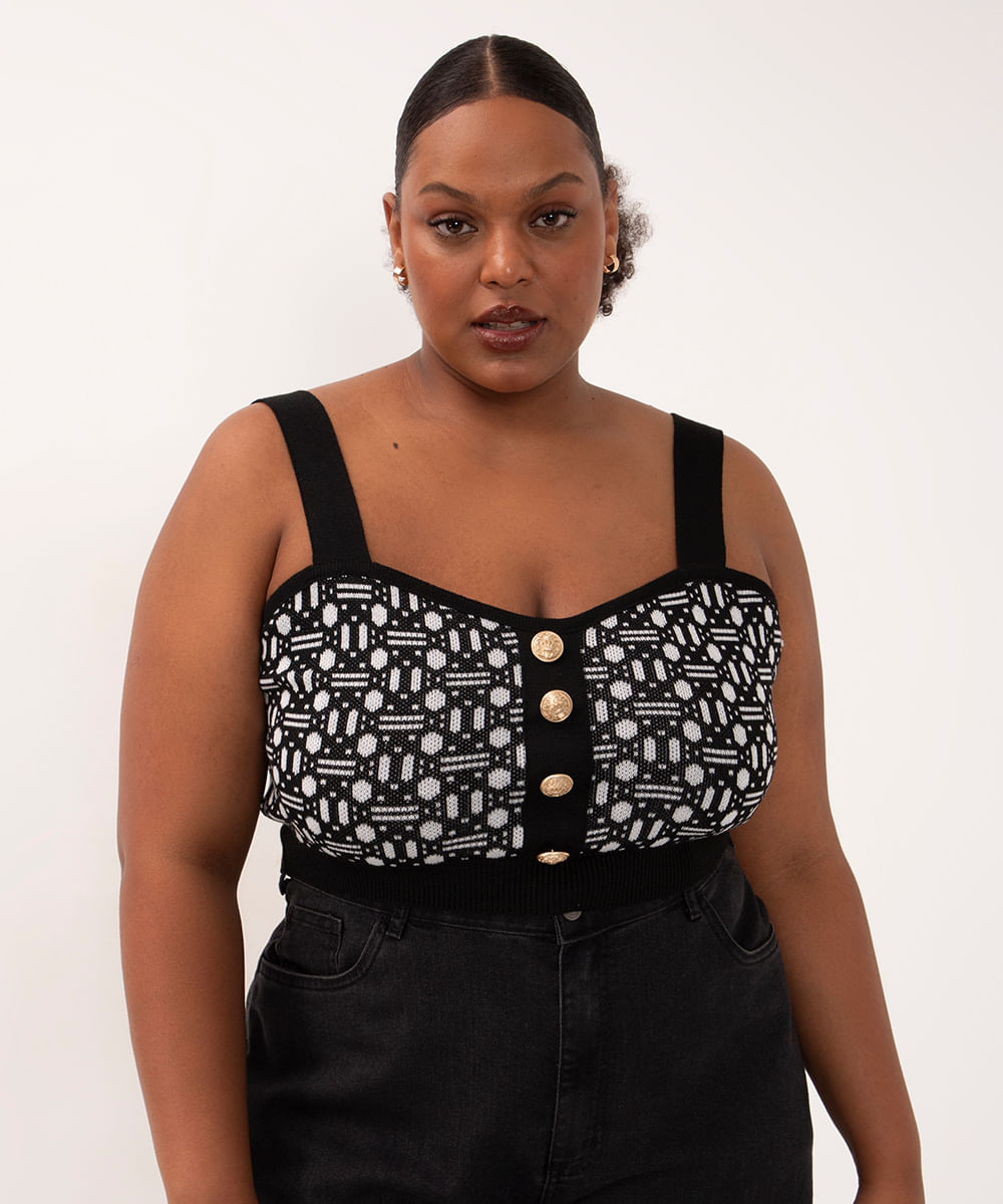 cropped de tricot plus size geométrico com botões preto