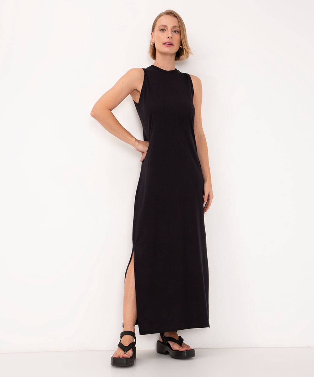 vestido longo de algodão básico preto