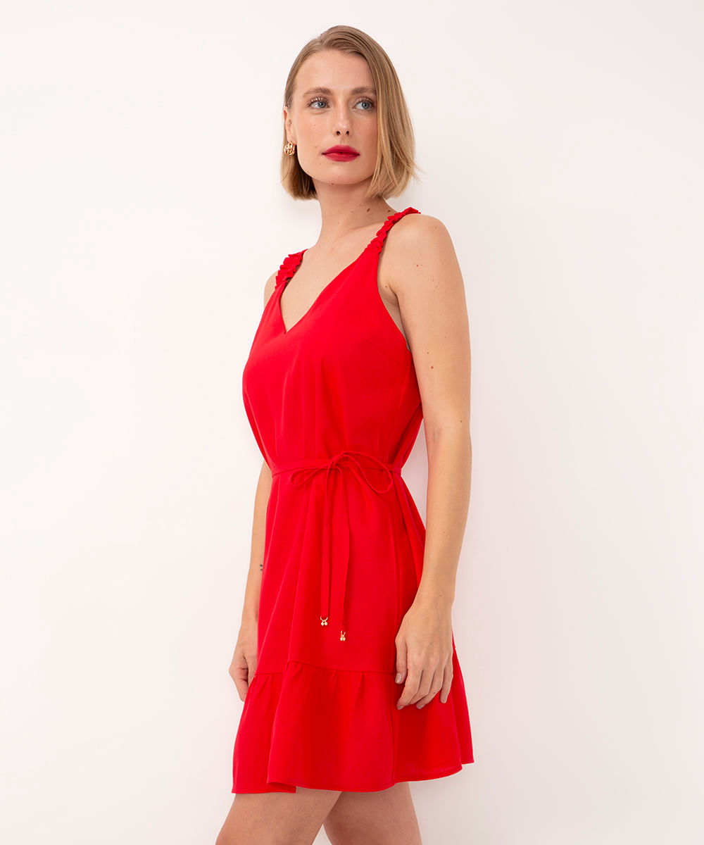 vestido curto com linho e babado alça média vermelho