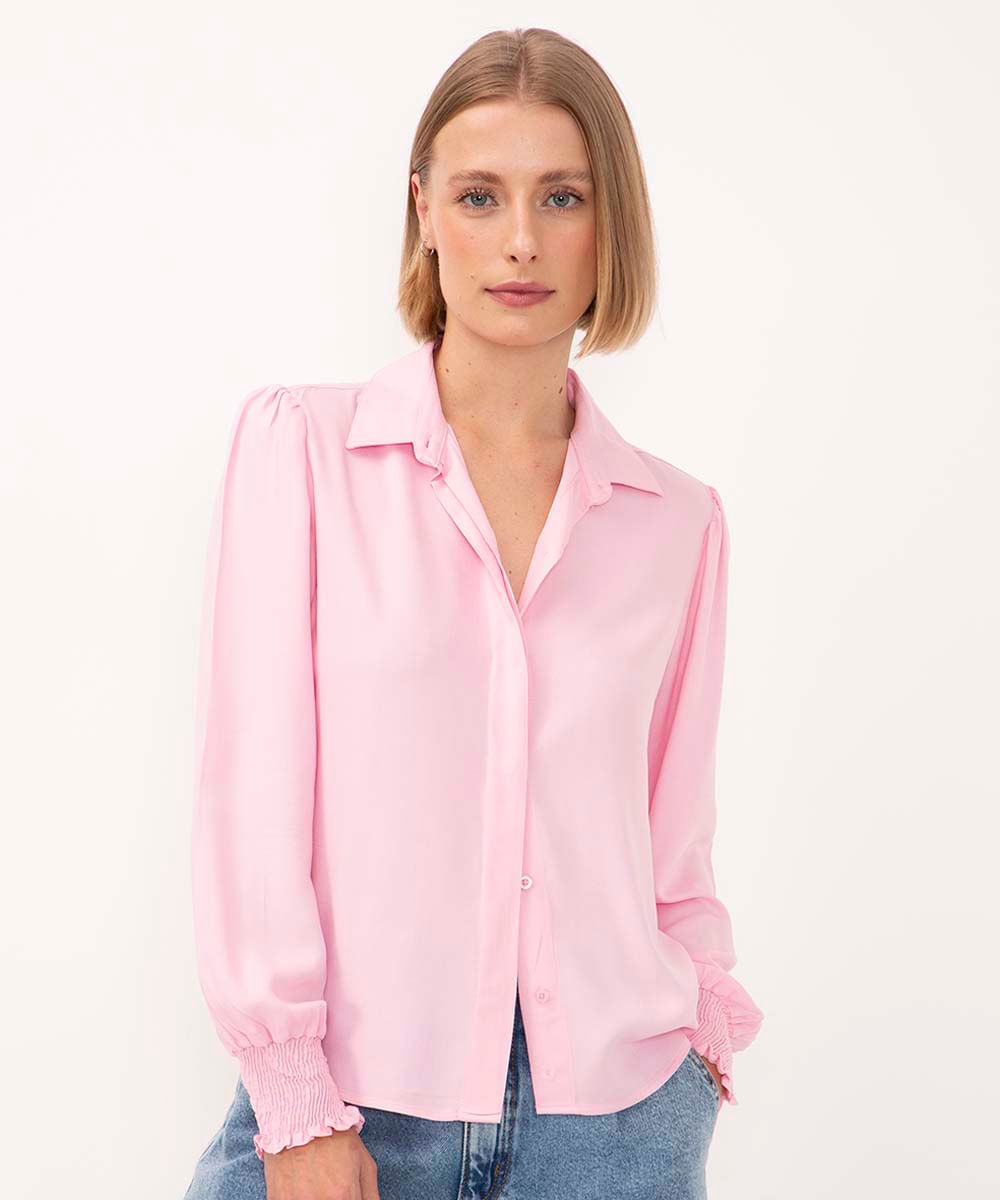 camisa de viscose manga longa bufante rosa