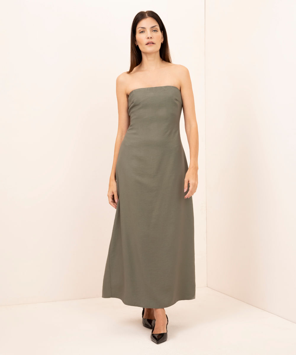 vestido longo de viscose decote reto com fenda mindset verde