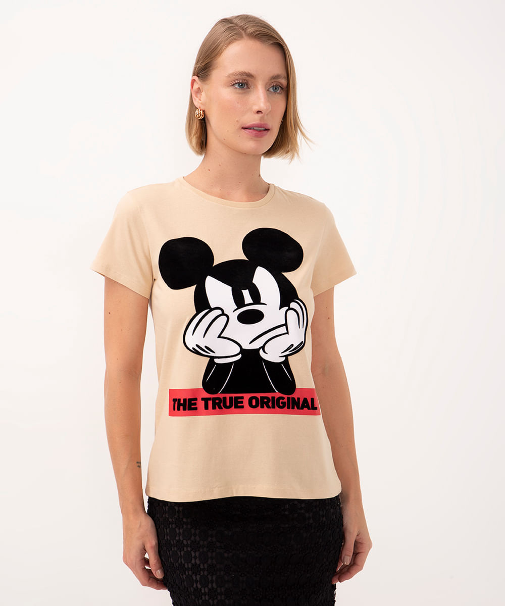 camiseta de algodão mickey flocado manga curta areia