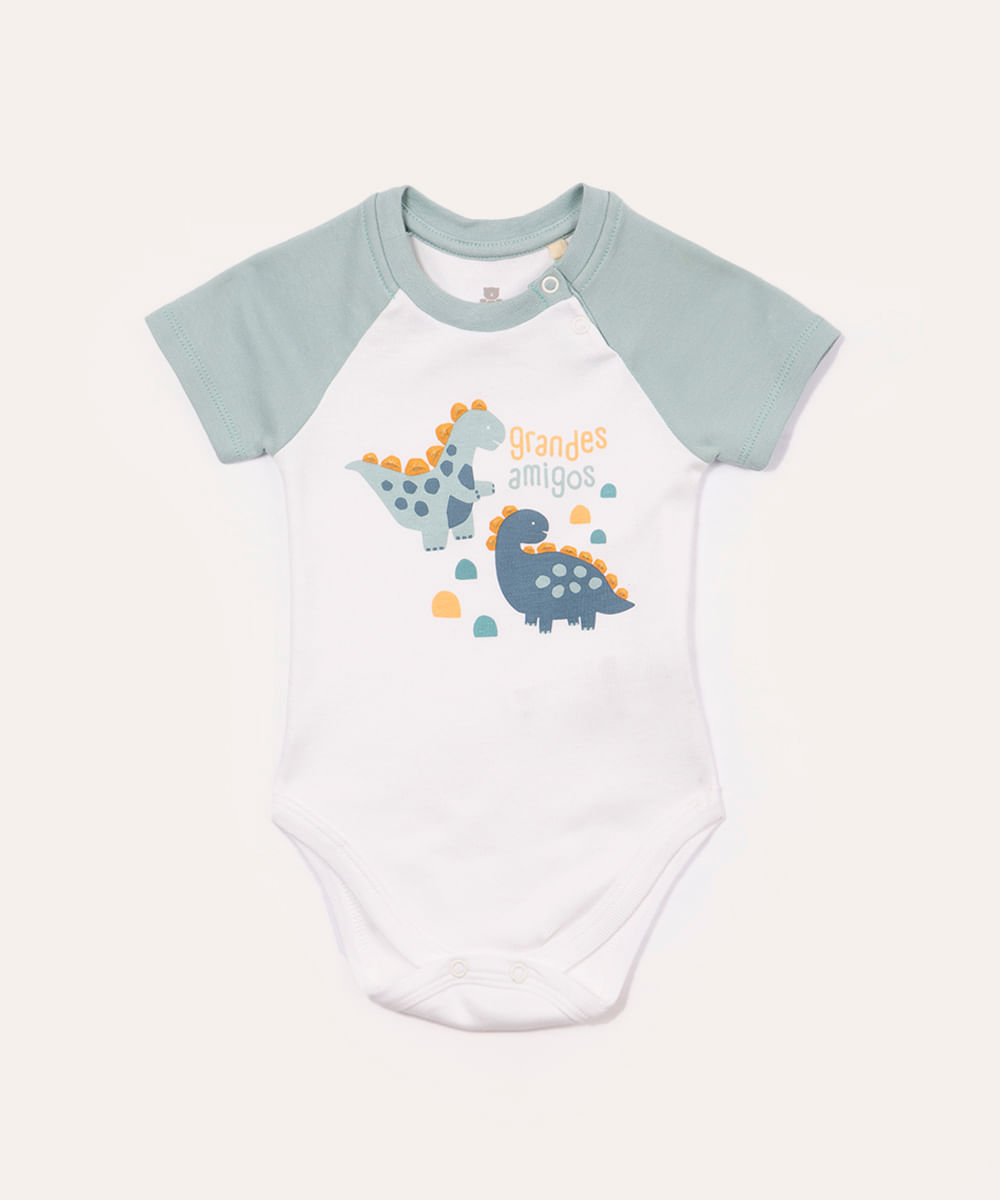 body infantil de algodão dinossauro manga curta raglan off white