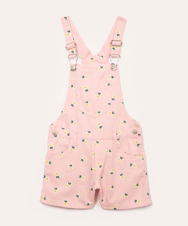 jardineira infantil de sarja floral com bolsos rosa claro 6