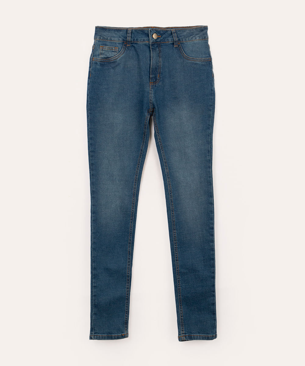 calça jeans skinny juvenil cintura alta com bolsos azul médio