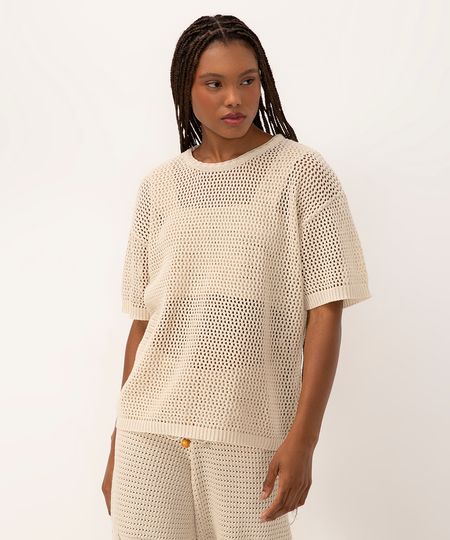 blusa de tricot manga curta ateliê mão de mãe areia P