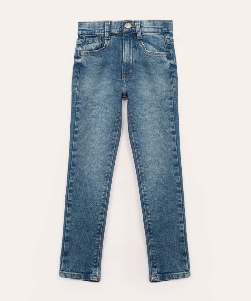 calça jeans skinny infantil cintura alta com bolsos azul claro