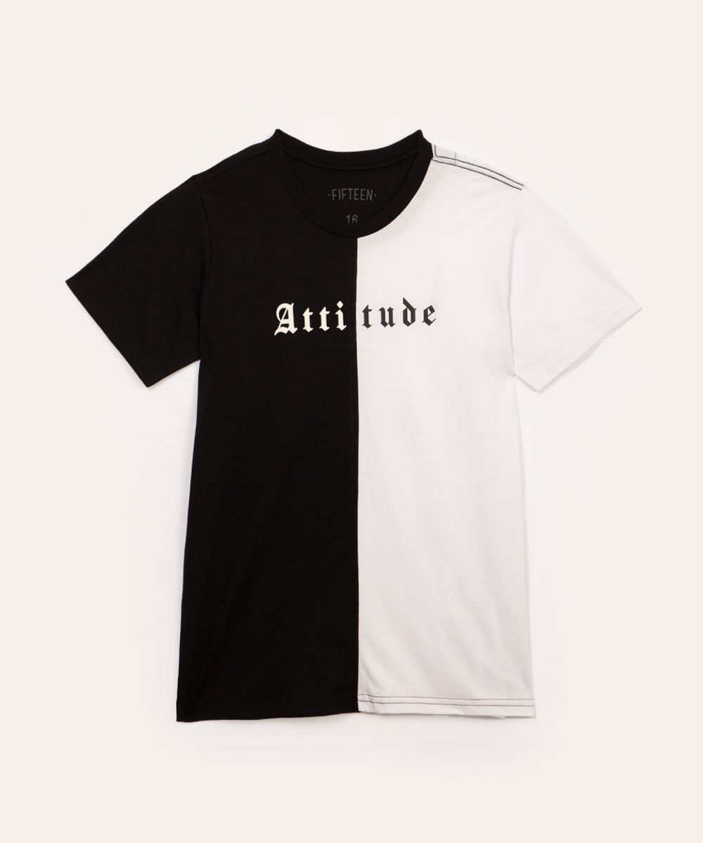 camiseta de algodão juvenil atitude com recorte manga curta preta