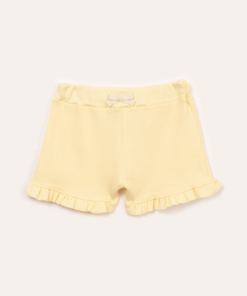 short de algodão infantil canelado com babado amarelo