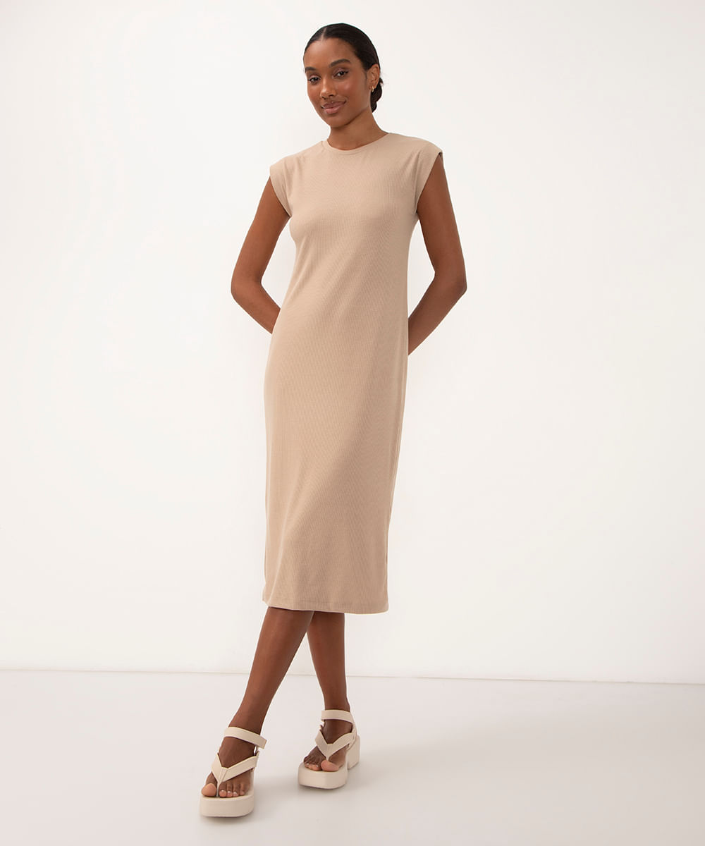 vestido midi básico canelado muscle tee areia