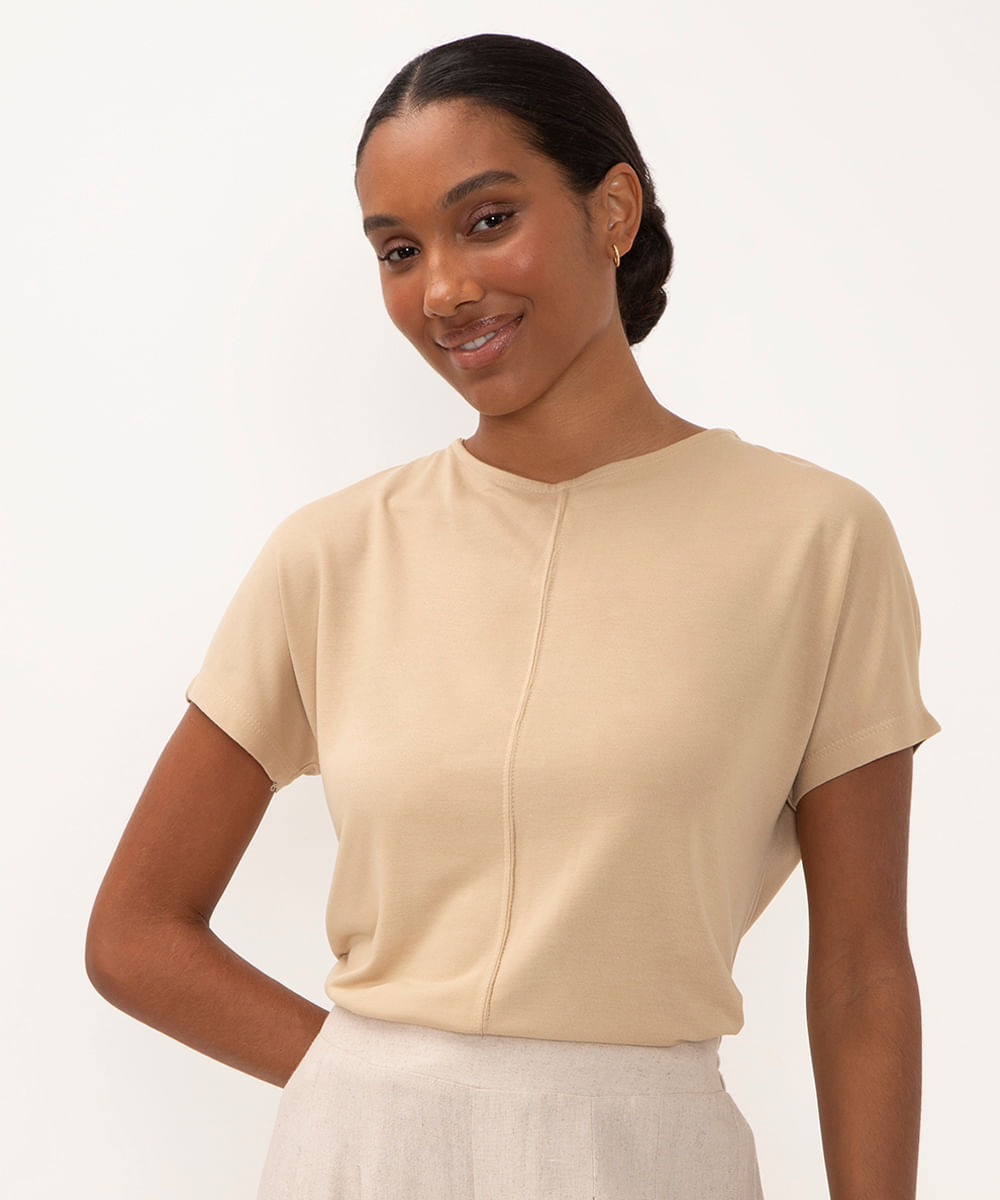 blusa de viscose com recorte e cordão manga curta areia