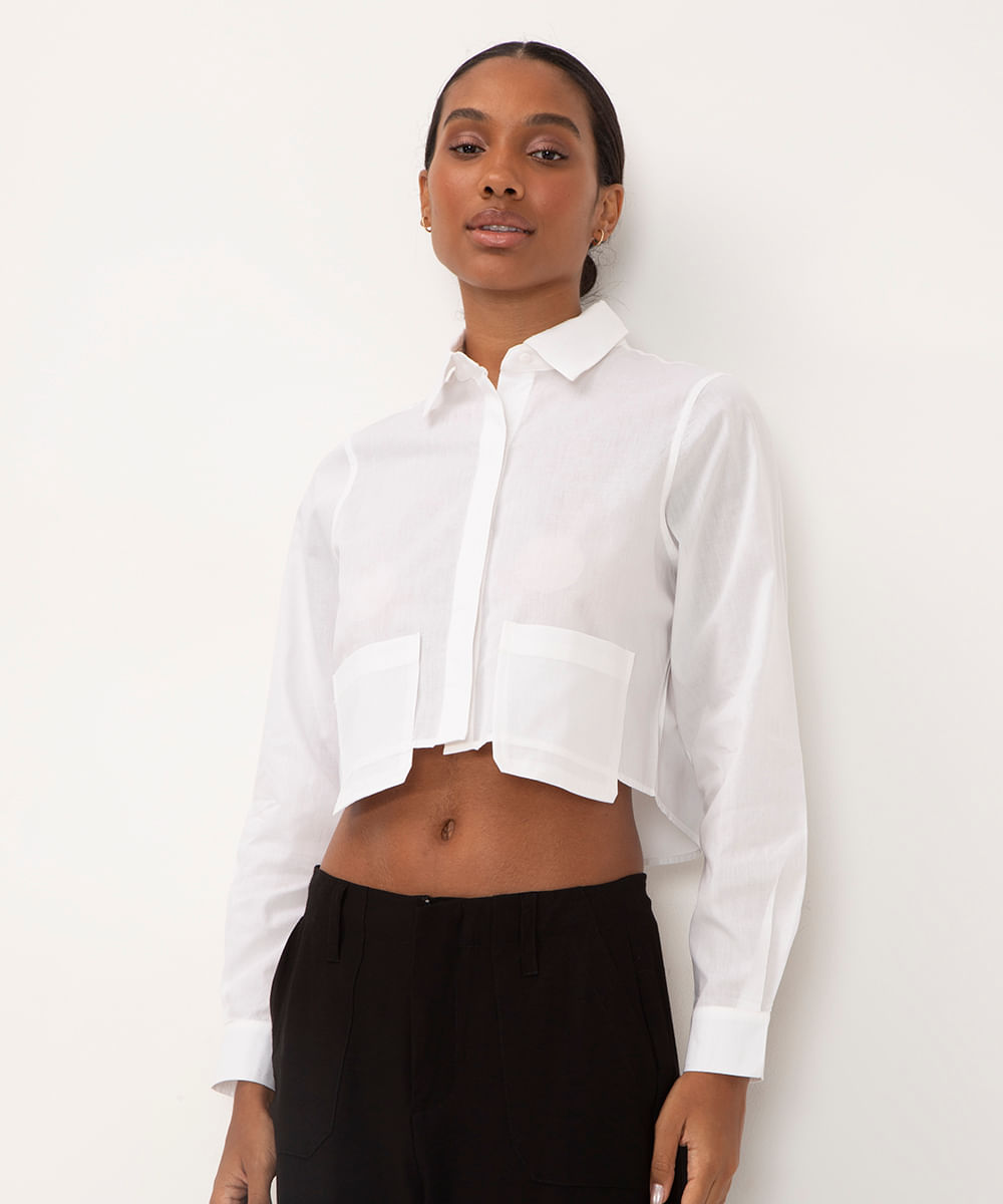 camisa cropped de algodão manga longa off white