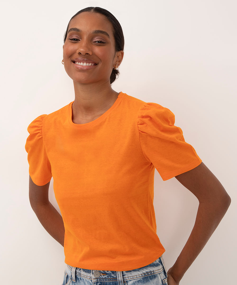 camiseta de algodão com textura manga curta bufante laranja