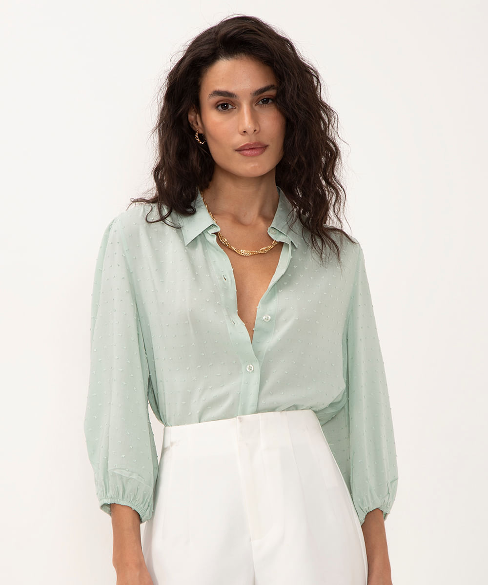 camisa de viscose texturizada manga longa verde