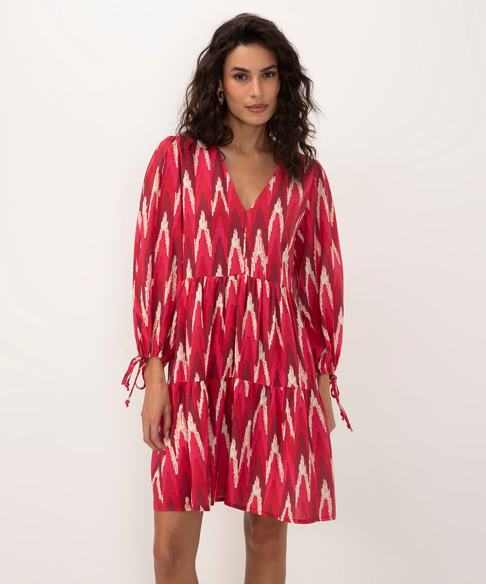 vestido bata de viscose ikat manga bufante pink