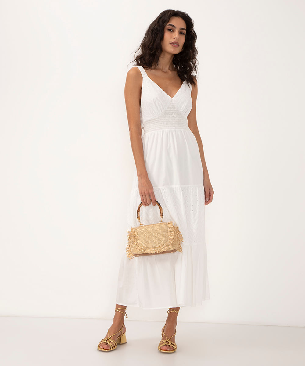 vestido midi de laise decote v off white