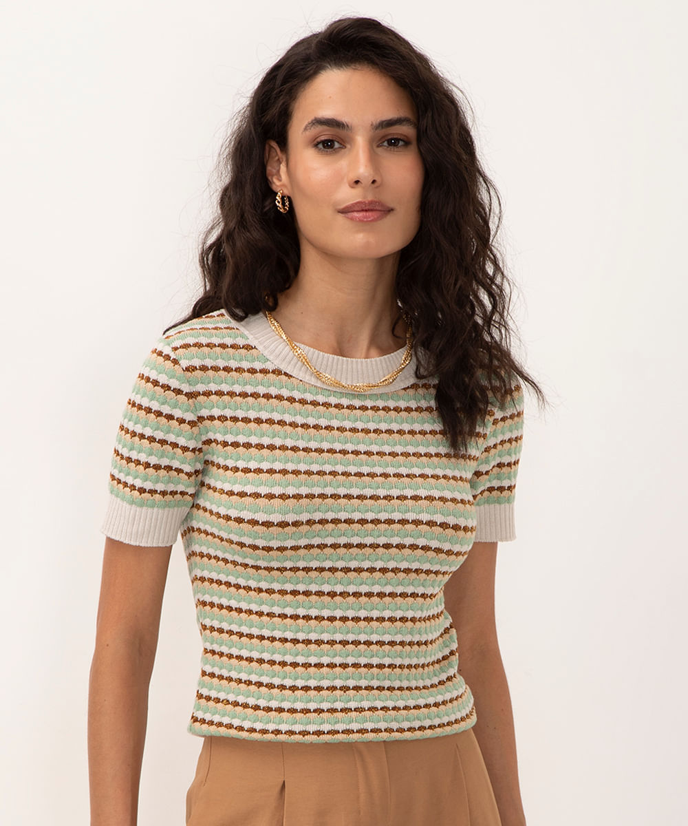 blusa de tricot listrado manga curta verde