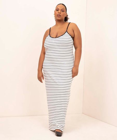 vestido longo alça fina listrado plus size mindset  off white GG1