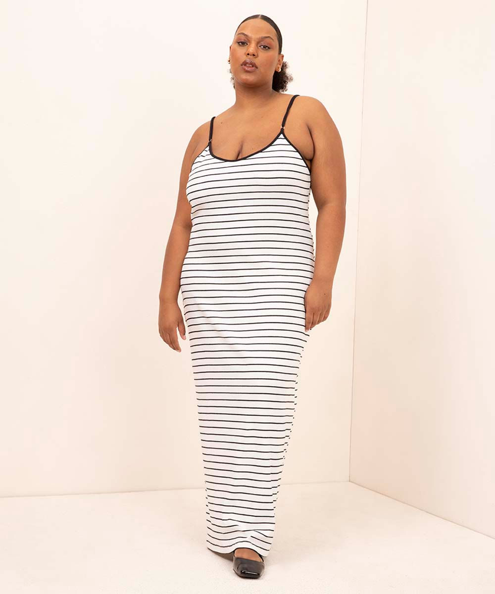 vestido longo alça fina listrado plus size mindset off white