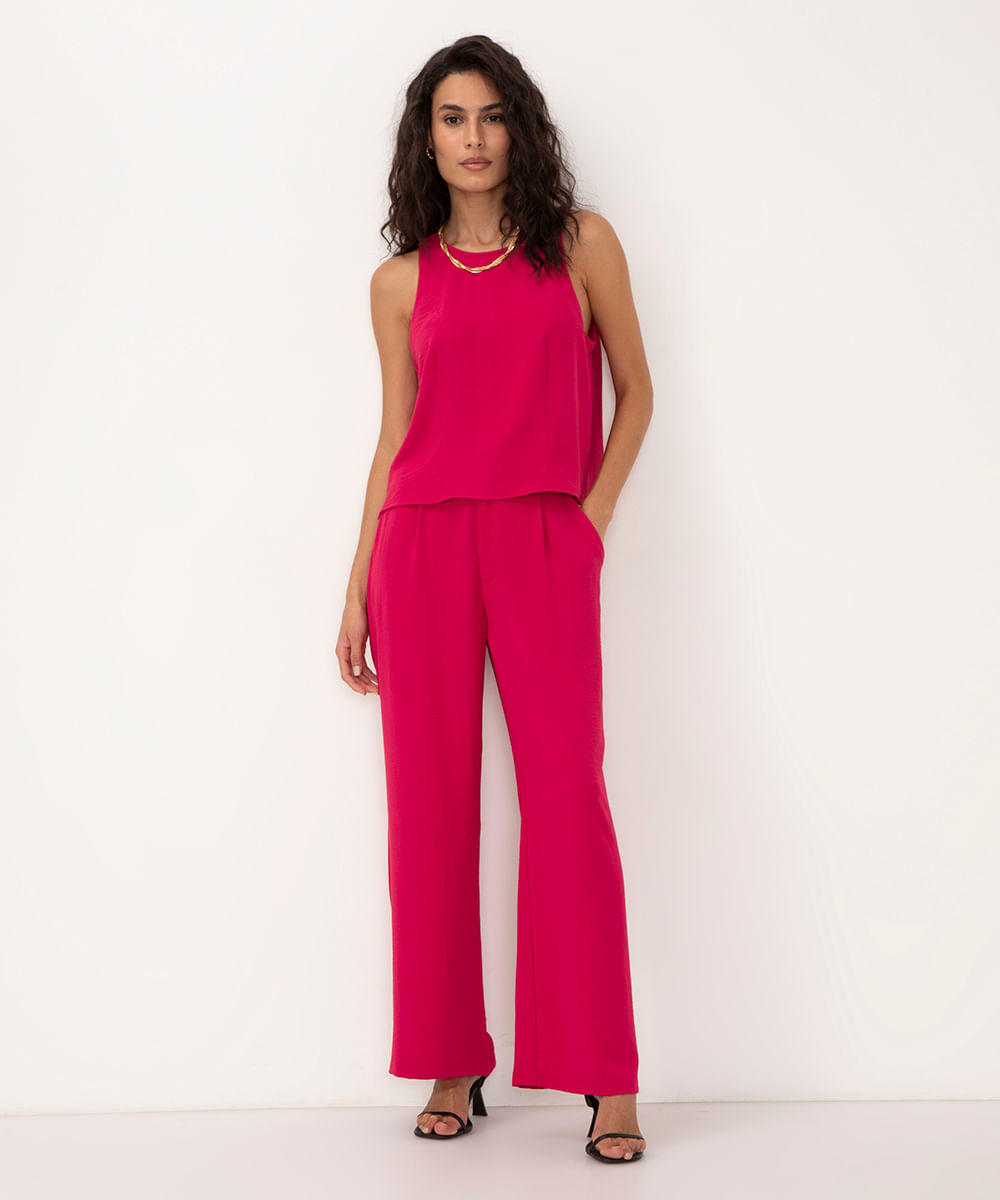 calça wide leg cintura alta com elástico pink escuro