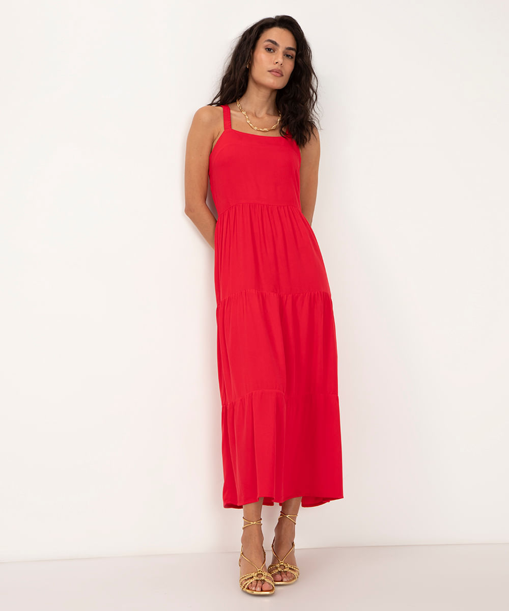 vestido midi de viscose com recortes e alça com elástico vermelho