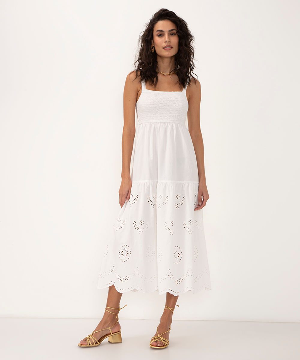 vestido midi de laise alça fina off white