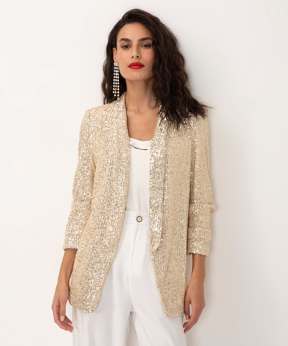 blazer de paetê manga franzida dourado