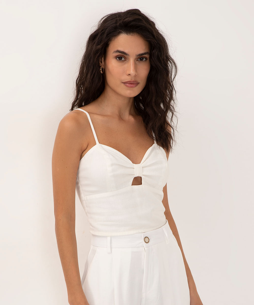 cropped com linho decote coração com laço alça fina off White