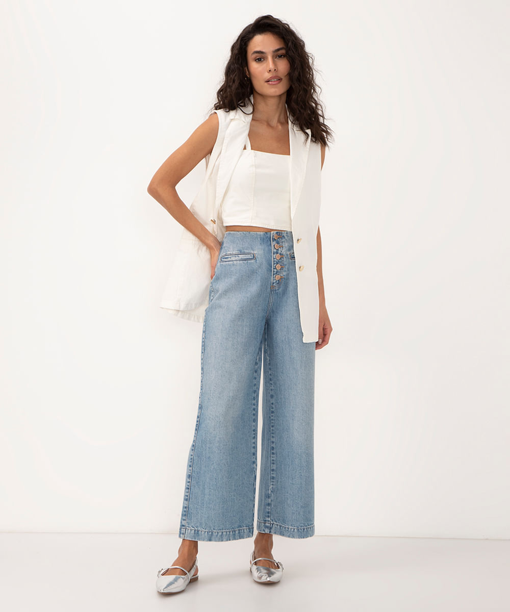 calça jeans wide leg cintura super alta com botões azul claro