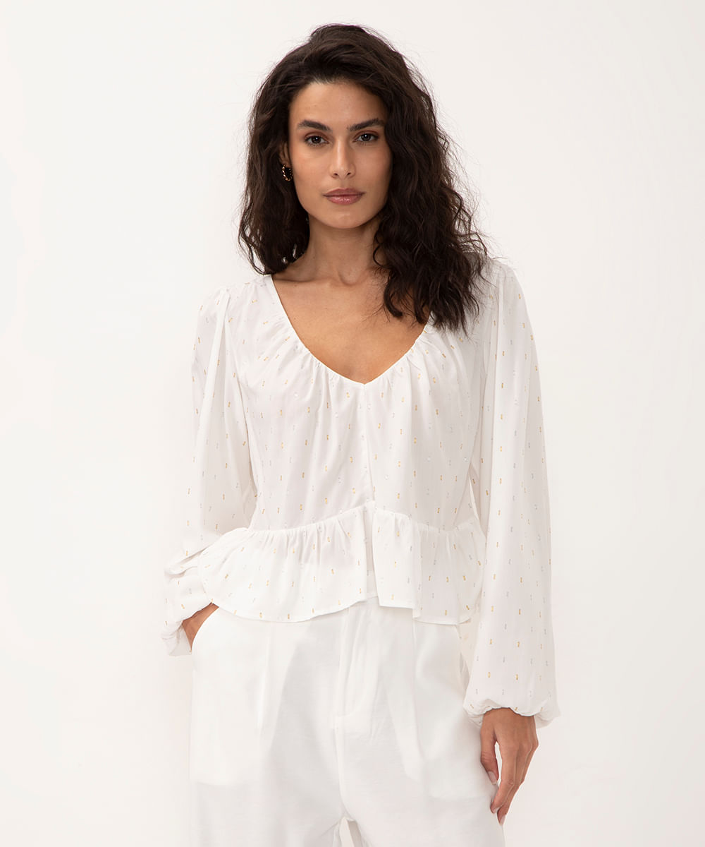 blusa de viscose lurex manga bufante off white