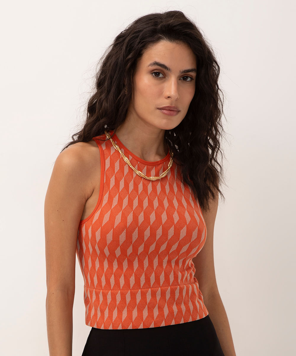 blusa de poliamida geométrica halter neck terracota