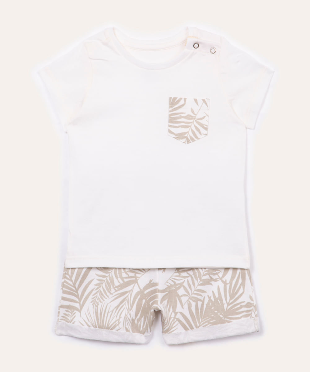 conjunto de algodão infantil manga curta folhagens off white