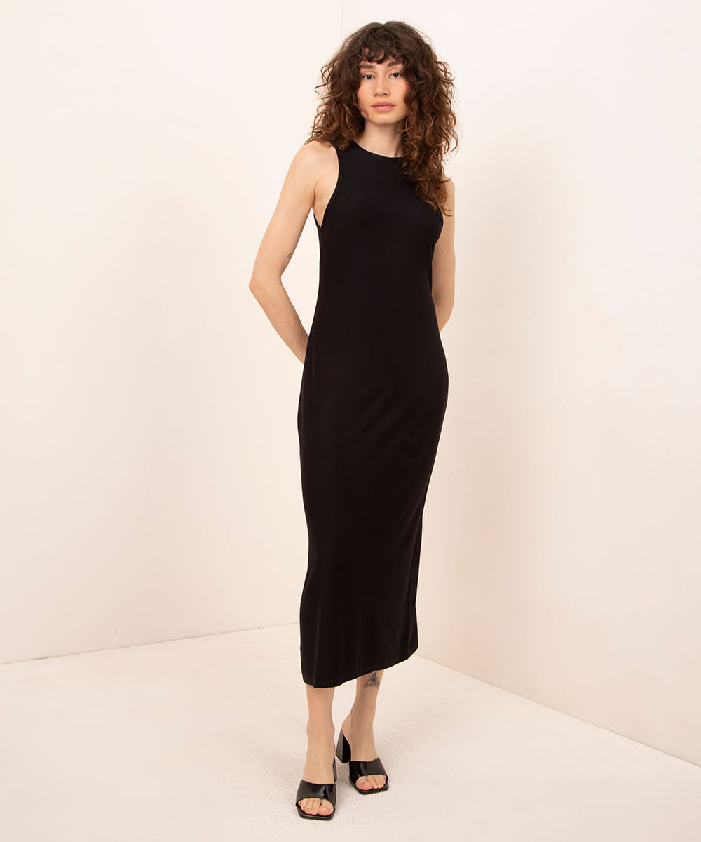 vestido midi de malha mindset preto