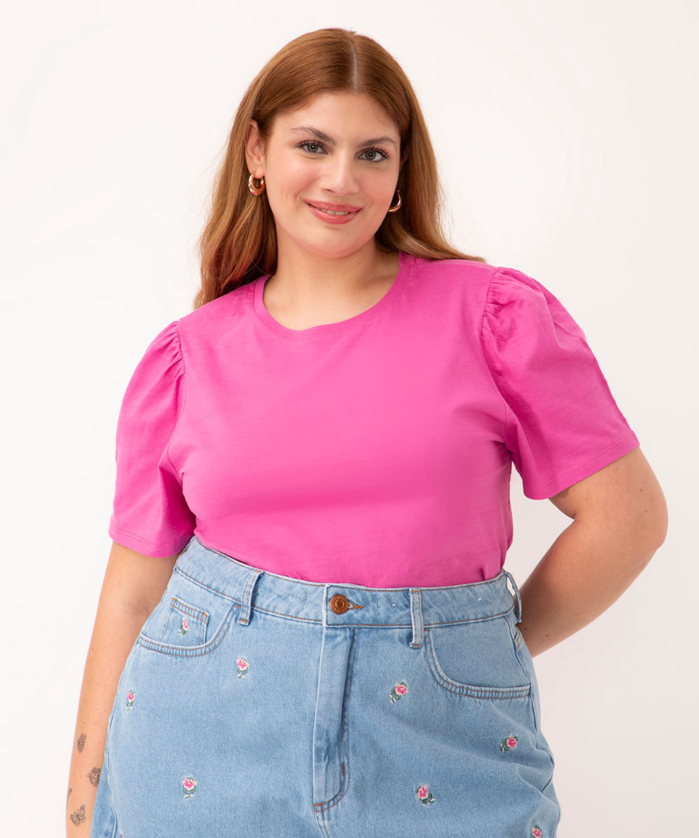 blusa básica plus size manga bufante rosa