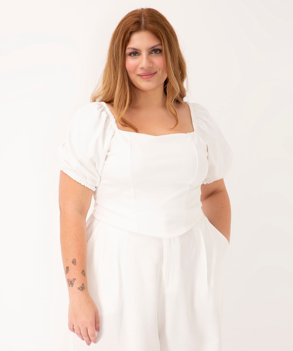 blusa plus size corset manga bufante off white