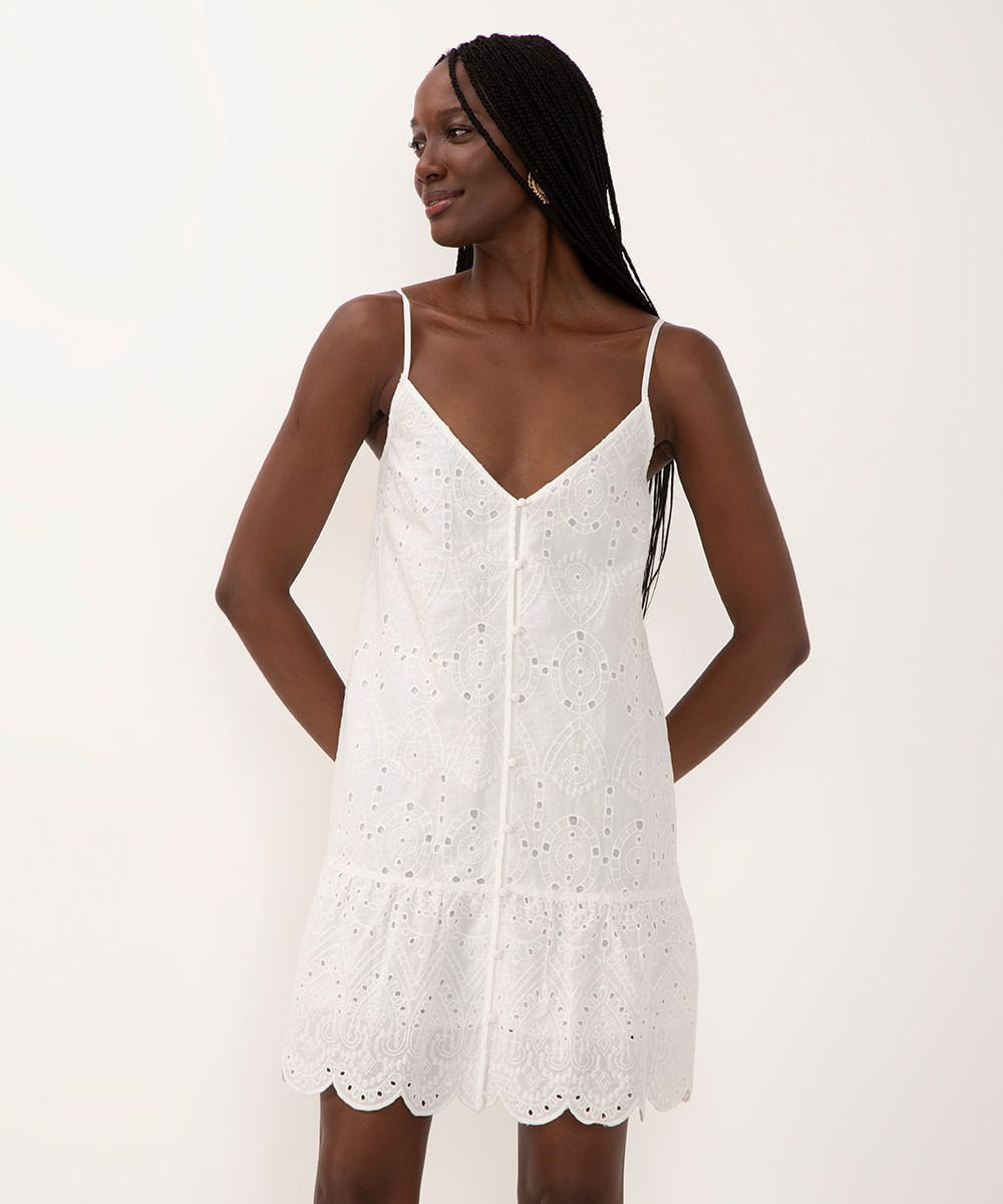 vestido curto de laise decote v alça fina off white