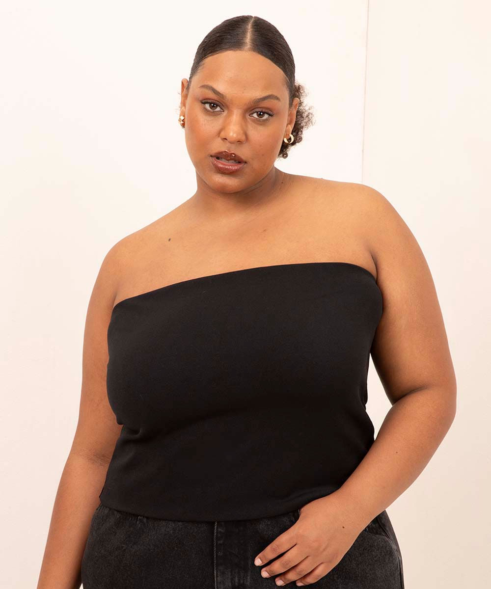 blusa plus size decote reto sem alça mindset preto