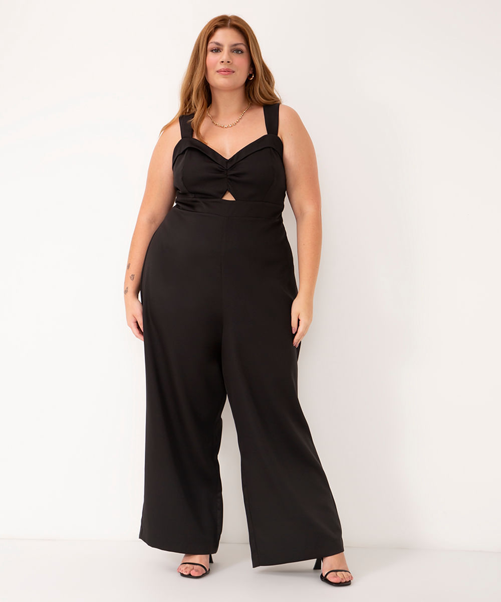 macacão longo plus size alça média preto